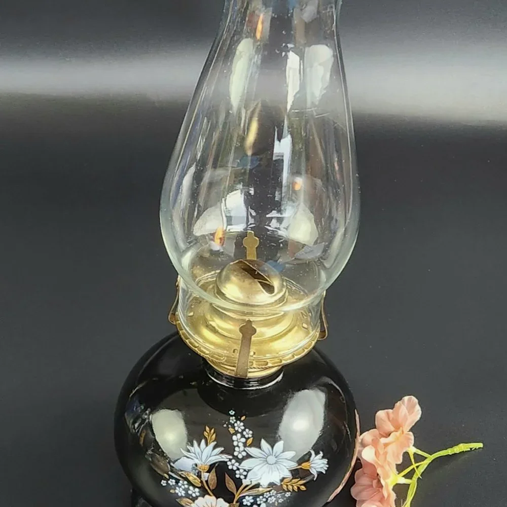 Vintage Oil Lamp - Black Base - Floral Design - 14 1/4